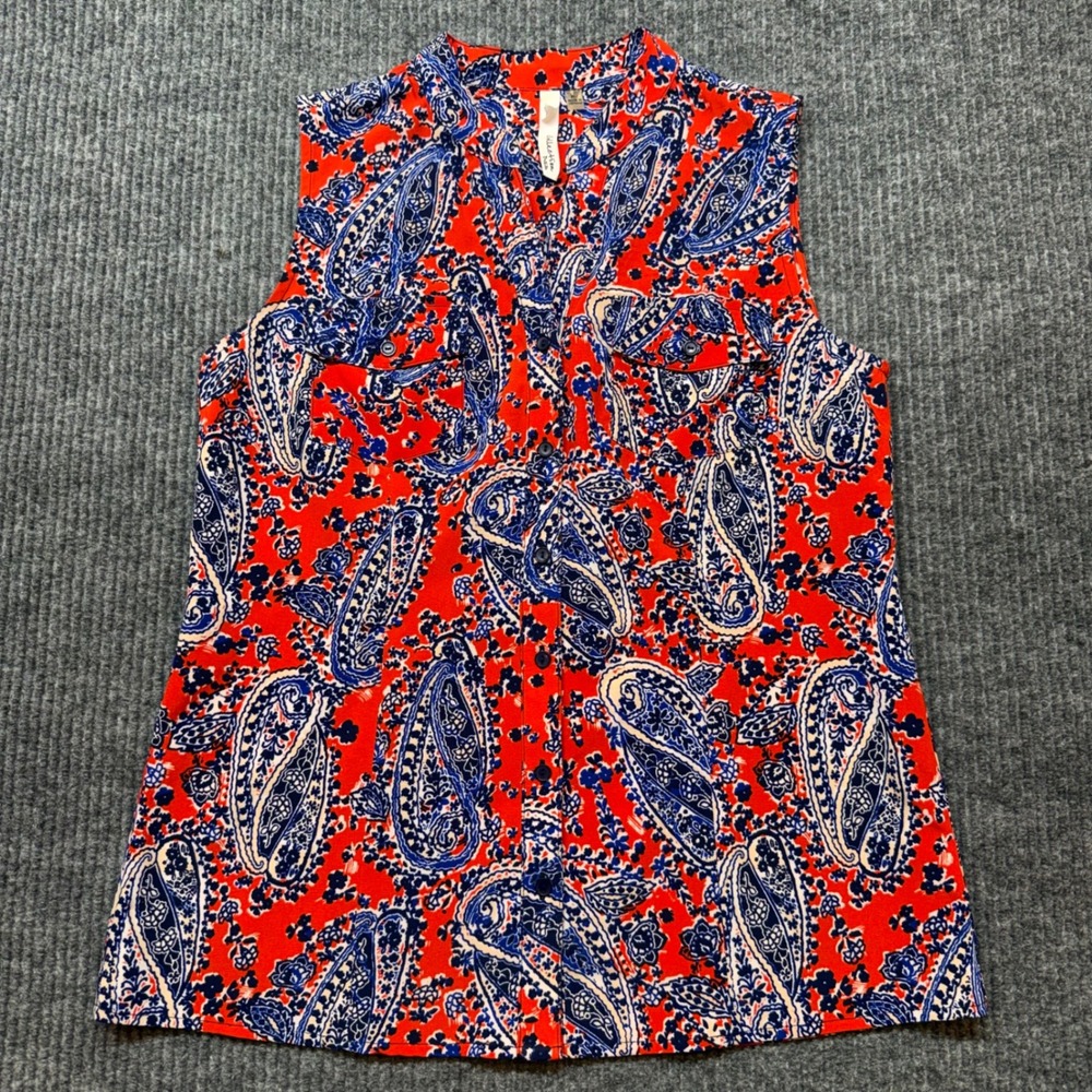 NY Collection‎ Red Blue Paisley Sleeveless Blouse MP Career Casual Workwear Top